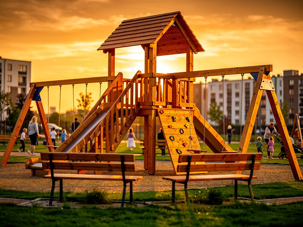 Drewniany plac zabaw po kompletnym serwisie w Poznaniu